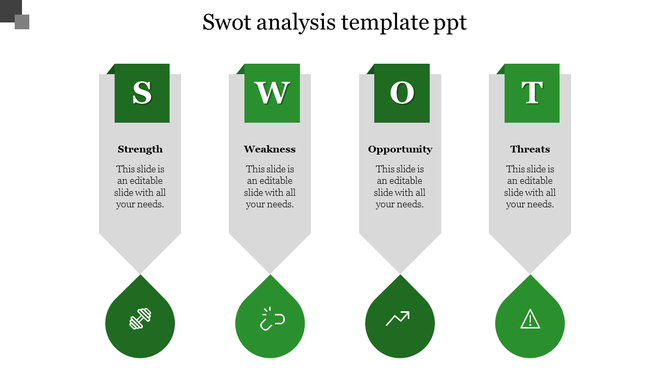 Business SWOT slide with four gray vertical panel, each featuring a bold green letter section titles, and green icons below. 