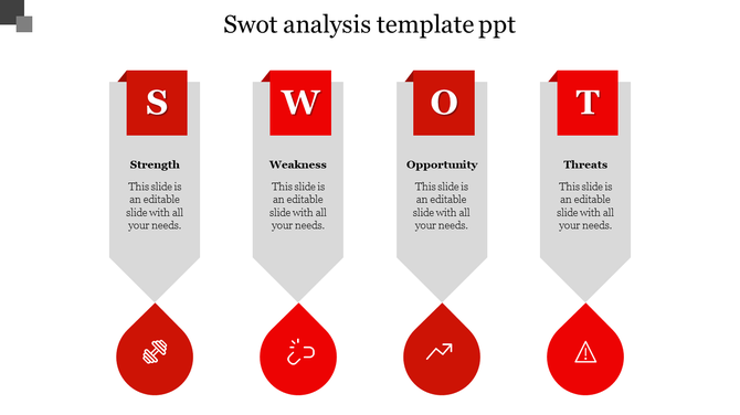 SWOT analysis layout with four gray columns, each with red tops and matching icons in circles at the bottom.