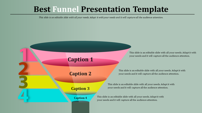 Colorful funnel diagram with four levels labeled 1 to 4, showing different stages of a process in a PowerPoint template.