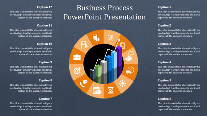 Business process with twelve icons in an orange circle and a central rising 3D bar chart with a line graph overlay.