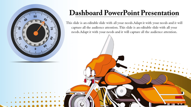 Dashboard PowerPoint slide featuring a speedometer and a motorcycle design with placeholder text.