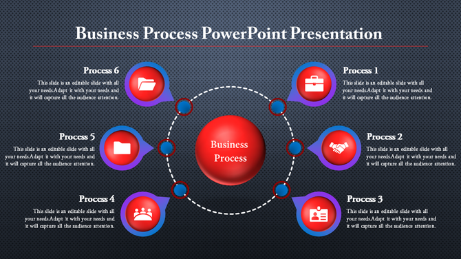 Business process chart showing six steps around a central red circle, with icons for briefcase, handshake, and folders.
