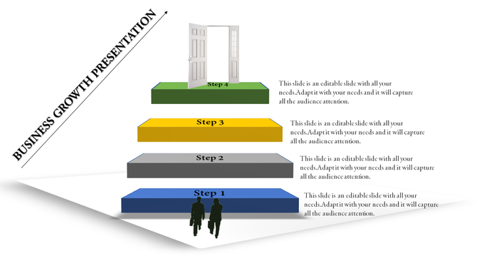 Slide showing a business growth path with four steps, each represented by a colored block, leading through an open door.