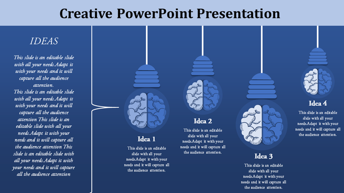 Slide featuring four blue light bulbs with brain graphics inside, representing four labeled ideas on a creative.