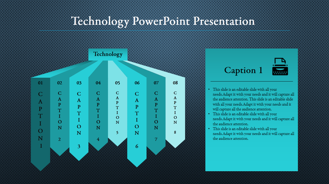 Technology PowerPoint presentation template with eight sections, each containing a caption and an icon.