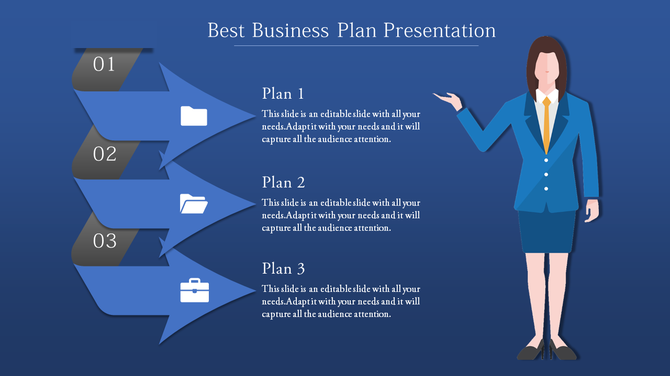 Three-step business plan slide with blue arrows, folder and briefcase icons, and a female figure presenting the content.