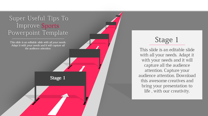 Sports slide with a red track layout with black hurdles and white arrows, and a description box on a gray background.