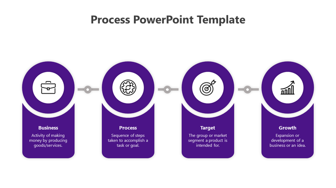 Process PowerPoint template with four purple steps Business, Process, Target, and Growth, with corresponding icons.