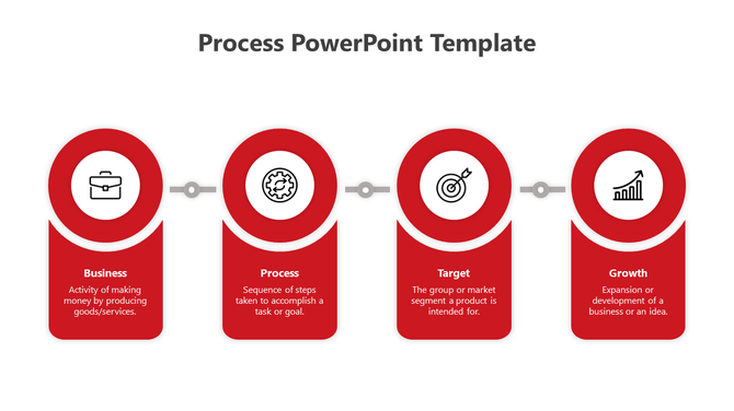 Red process flow diagram with four circular icons linked by gray connectors, representing business stages.