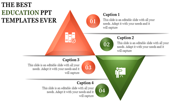 PowerPoint template featuring colorful triangular sections with educational icons and captions, highlighting key topics.