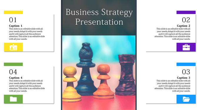 Business strategy template with four colorful captions around a central image of chess pawns and pieces.