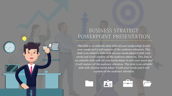 Business strategy PPT slide featuring a character with an idea lightbulb and a background with icons and placeholder text.