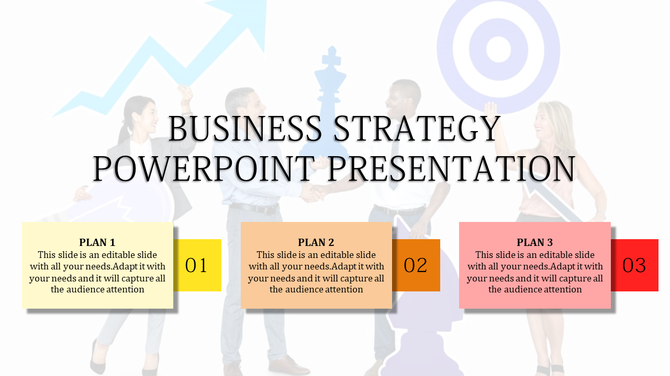 Business strategy slide featuring three plans with colorful boxes and a group of people shaking hands in the background.