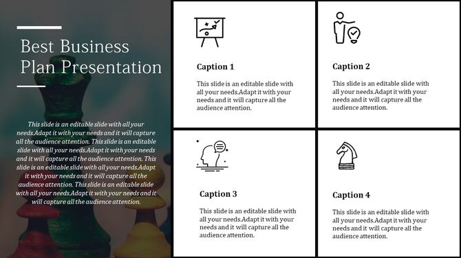 Business plan presentation template with chess themed icons and content placeholders.