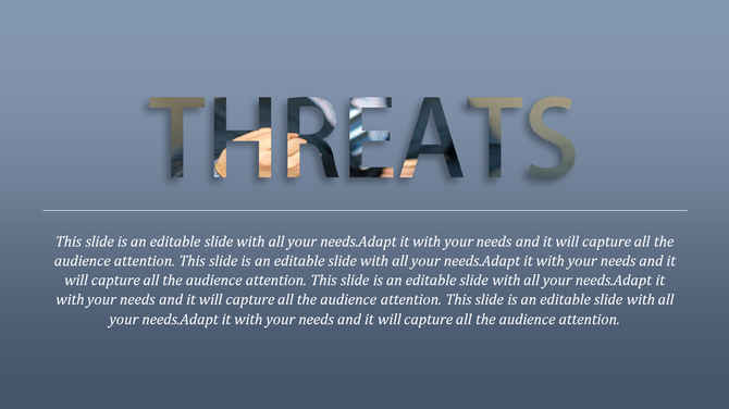 Threat slide in large capital letters with a blended photo effect and with a caption areas in a blue background.