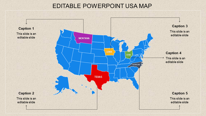 USA map PowerPoint slide highlighting states like Texas, Montana, Iowa, Ohio, and North Carolina with captions for each.