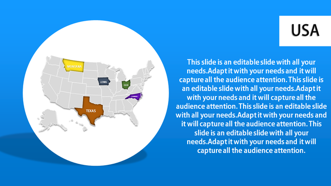 USA map with five colored states inside a white circular frame, alongside text on a bright blue background.