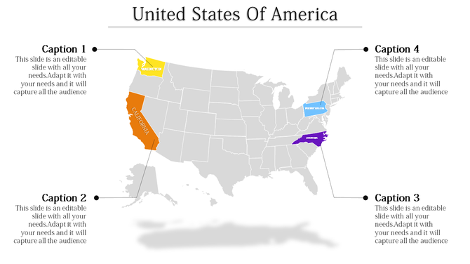 United States map with California, Washington, Pennsylvania, and Virginia marked in colors, linked to four text captions.
