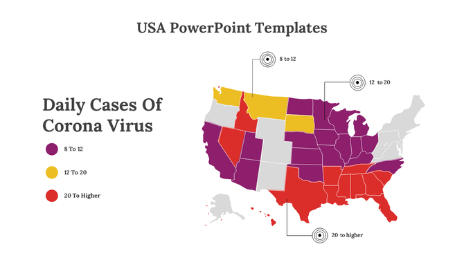 Daily coronavirus cases slide with USA map highlighting states in purple, yellow, and red, representing case count ranges.