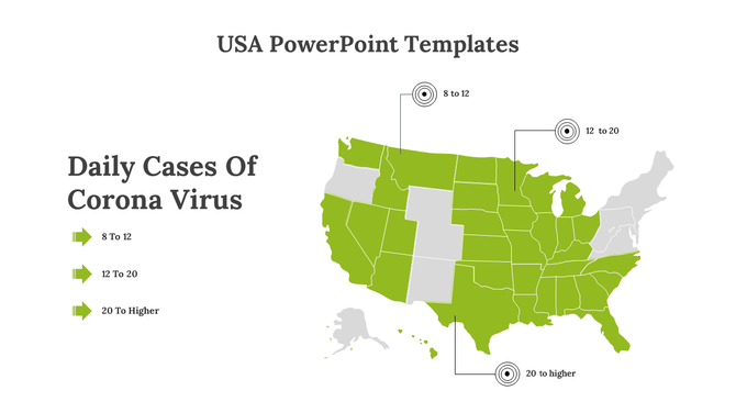 USA map PPT slide showing states with varying daily cases of coronavirus, from 8 to 12 to over 20.