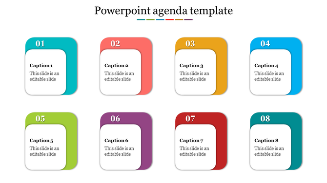 Slide with eight colorful boxes in teal, orange, yellow, blue, green, purple, red, and cyan, labeled 01 to 08 with captions.