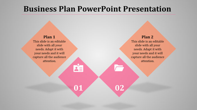 Business presentation template with two top orange diamond plans and two pink bottom numbered sections.