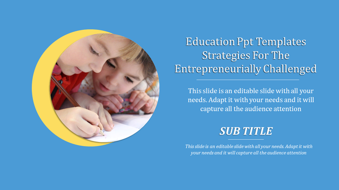 Education PowerPoint template featuring children's writing and a blue background with text areas.