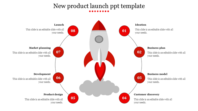 New product launch template featuring a rocket at the center and eight steps in a circular layout with text area.
