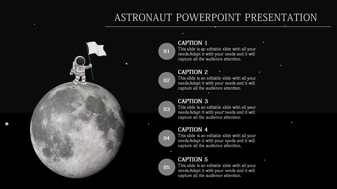 Astronaut graphic on a moon surface, with a vertical list of five caption areas for  points on the right.