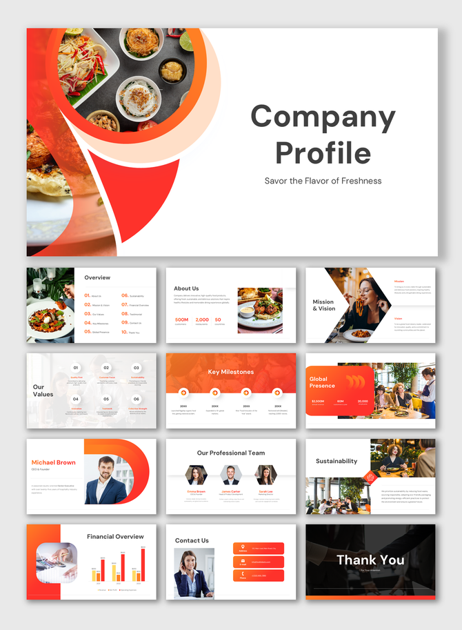 Company Profile deck with red and orange themes, featuring team bios, milestones, global presence, and a financial overview.