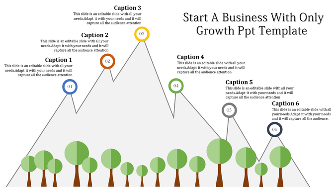 Mountain themed layout with six numbered milestones connected by paths, trees at the base, and captions for growth stages.