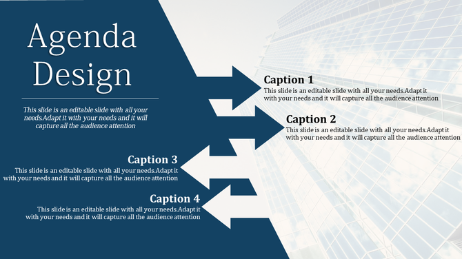 Agenda PowerPoint slide with arrows and space for detailed descriptions, set against a background with a building.