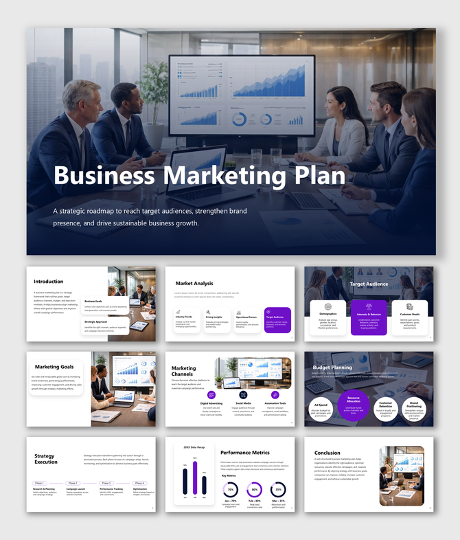 Business marketing plan presentation slides covering market analysis, budgeting, channels, execution, and KPIs.