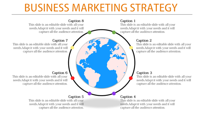Circular business marketing strategy template featuring a globe at the center with eight labeled captions around it.