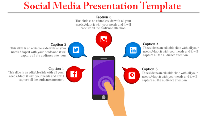 Social media slide with five caption bubbles in red and blue surrounding a purple screen phone held by a hand.