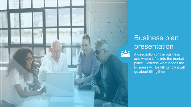 Team collaboration image with a blue overlay, featuring a business title and descriptive text.