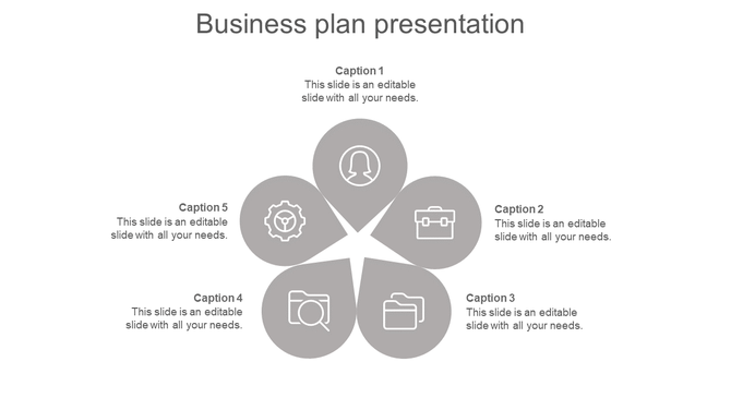 Gray five section business plan diagram with petal-shaped elements, each containing an icon and surrounded by caption areas.