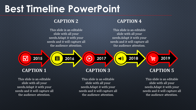 Timeline PowerPoint slide showcasing key years from 2015 to 2019 with captions and icons representing each year.