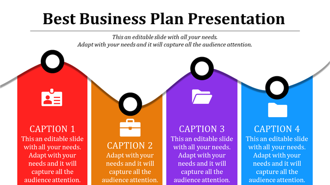 Business plan PowerPoint with four distinct colored sections labeled with icons and captions with placeholder text.