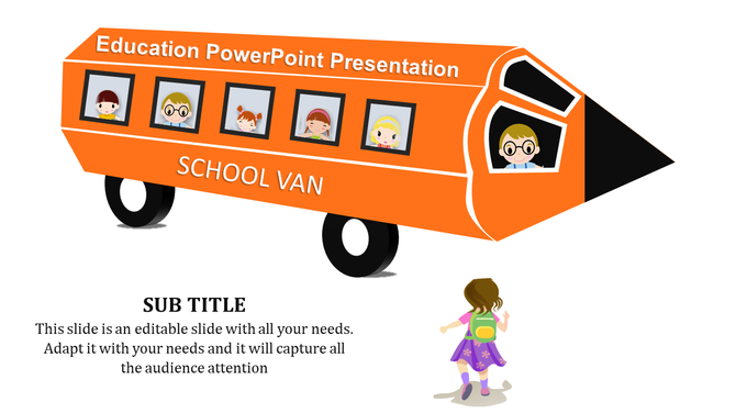 Pencil shaped orange school van with children in windows and a girl with a backpack walking towards it, and text below.