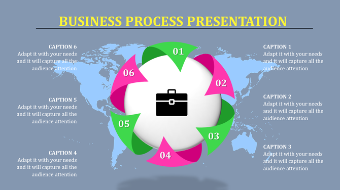 Six step business process diagram with pink and green arrows in a circular layout, centered around a briefcase icon.