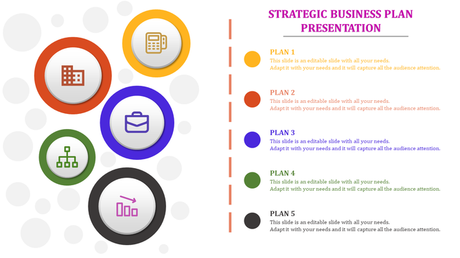 Strategic business plan slide with five colorful circular icons on the left, each labeled Plan 1 to Plan 5 on the right.
