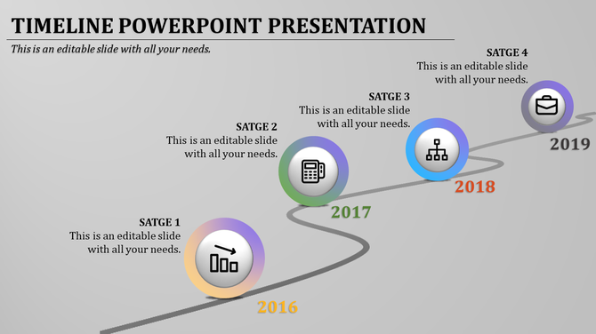 Timeline infographic with four colorful circular icons representing years 2016 to 2019, progressing on a curved path.