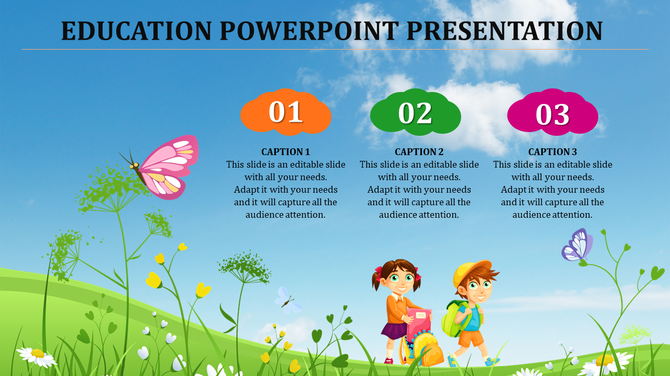 Bright educational slide with three cloud-shaped captions, two cartoon children, butterflies, and flowers in a landscape.