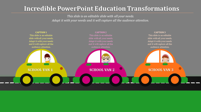 Slide with three colorful school vans in yellow, pink, and orange, each with captions and kids, set on a road background.