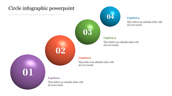 Infographic PowerPoint template with four colorful numbered circles 01 to 04 and caption areas.