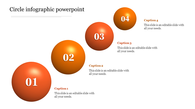Stepwise circular infographic with four glossy orange spheres increasing in size, numbered 01 to 04.