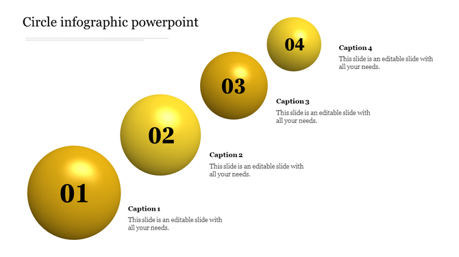 Circle infographic PowerPoint template with four numbered yellow circles and caption areas.
