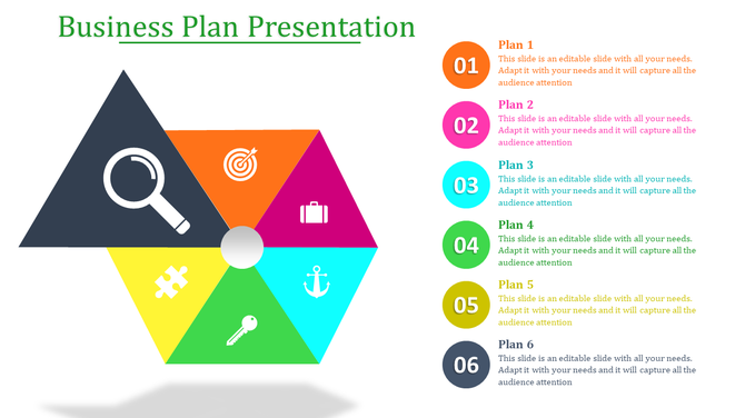 PowerPoint slide with a six step business plan layout, each section represented with icons in different colors with captions.