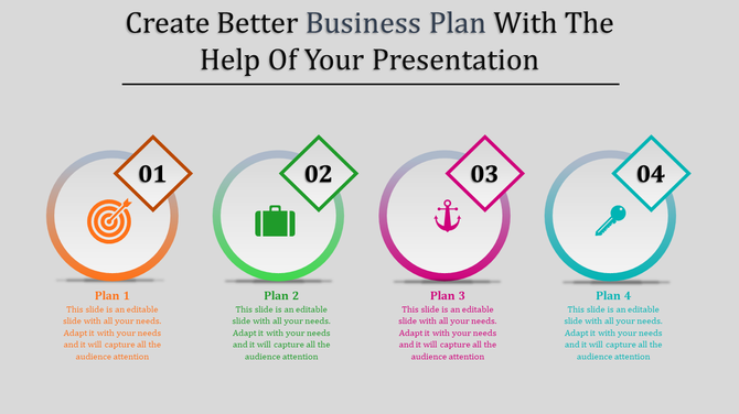Business plan PPT slide featuring four colorful icons and captions each representing a different plan in a structured layout.